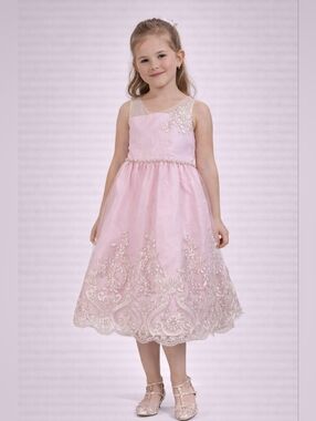 American Princess Pink Ivory Formal Flower Girl Dress Lace Pearl Trim Size 6X/7